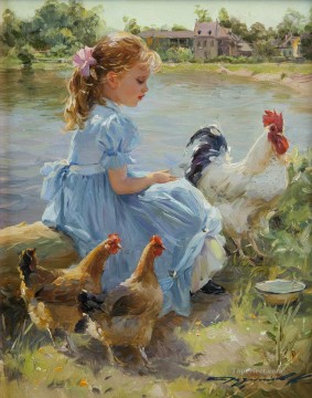 Niña con gallo y dos gallinas pet kids Pinturas al óleo
